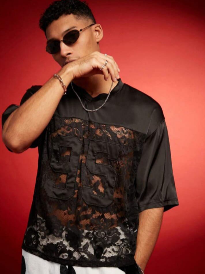 Bonga Boys Men's Casual Loose Contrast Lace Embroidered Number Short Sleeve Round Neck T-Shirt